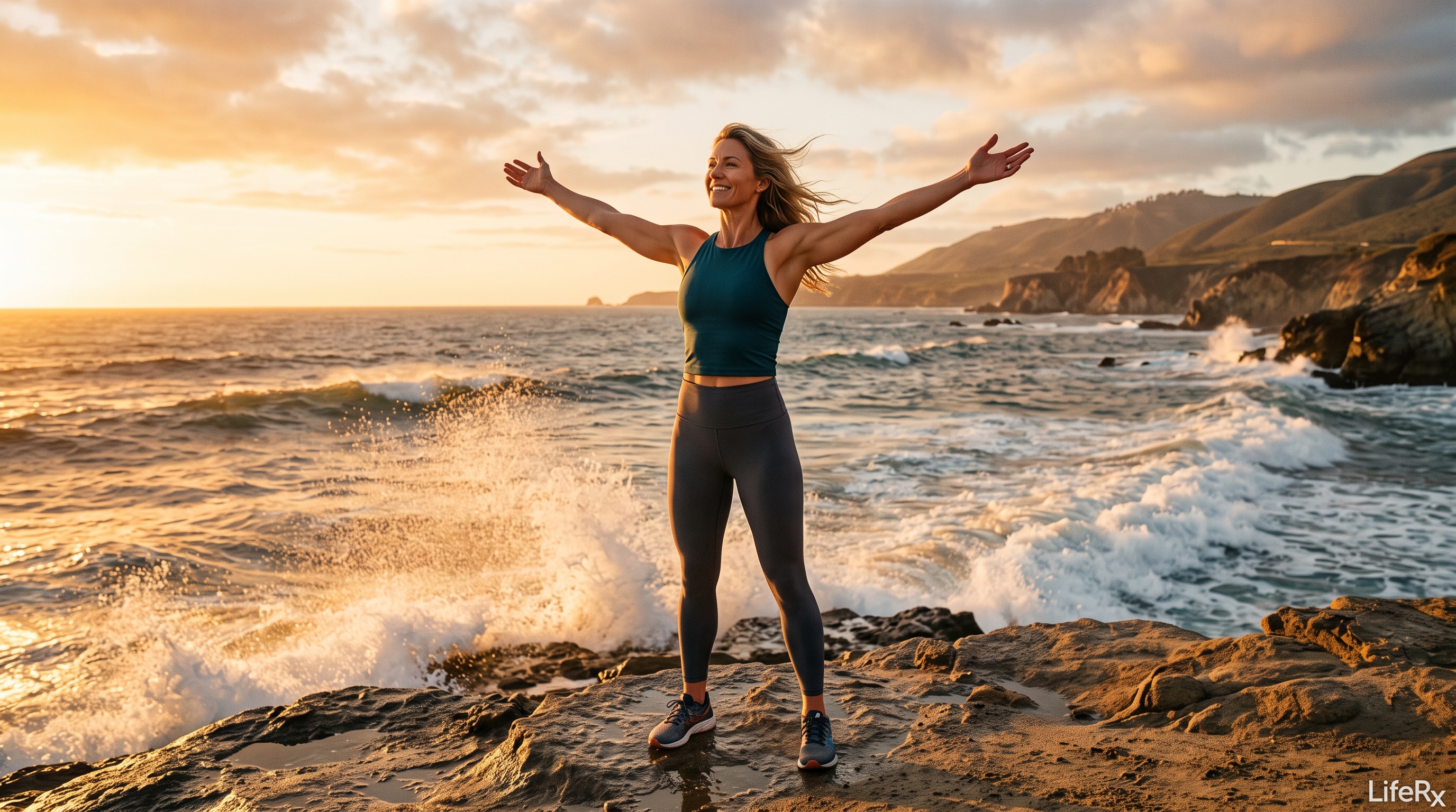 Person energized and healthy by the ocean